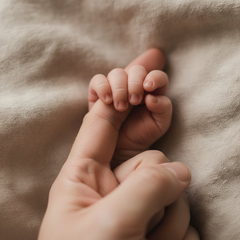 A newborn's hand curled around an adult finger