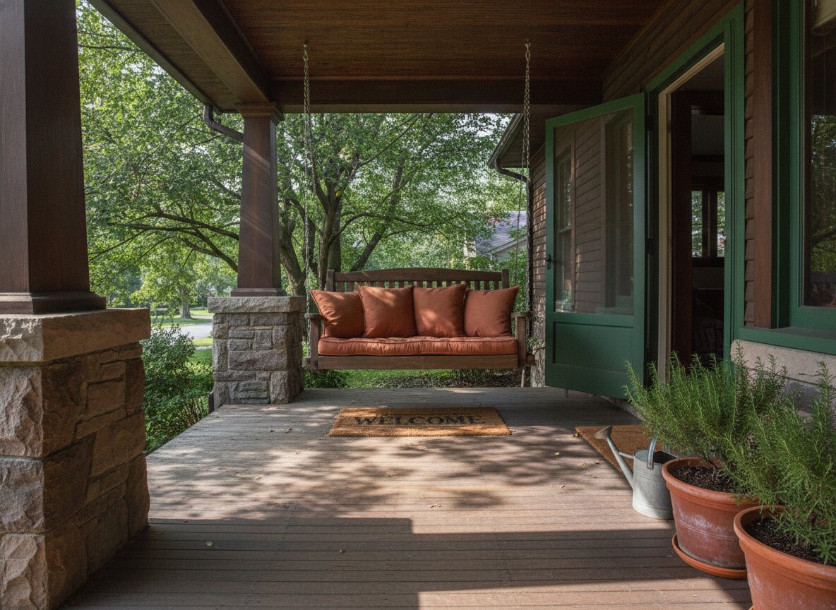 The front porch of the house, with its swing, in dappled morning light