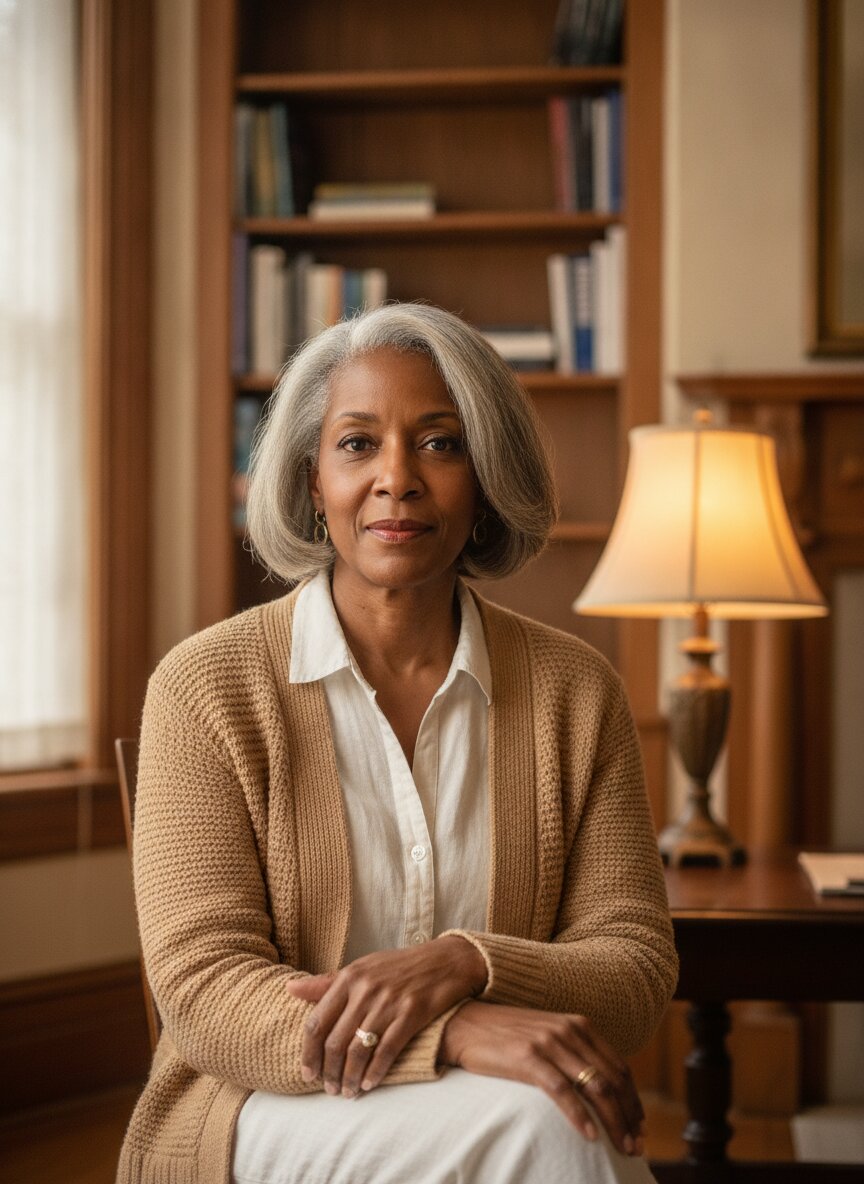 Ruth Okonkwo, CNM, seated in the consult room