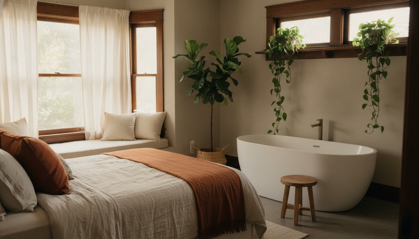 The Elm room: a queen bed in linen, a deep tub by the window, and morning light