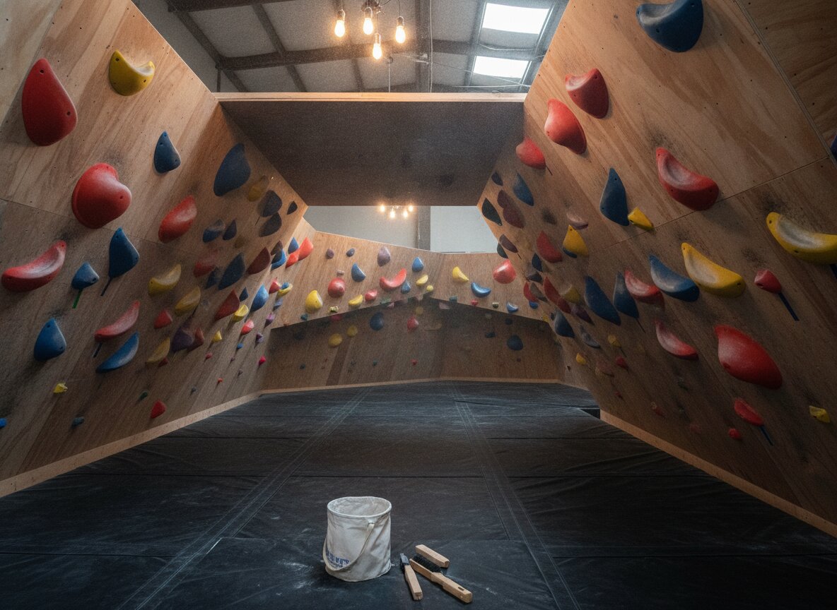 The bouldering cave: overhanging plywood walls set with colorful holds above thick mats