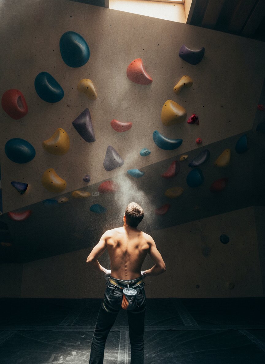 A climber chalking up before a boulder problem, seen from behind