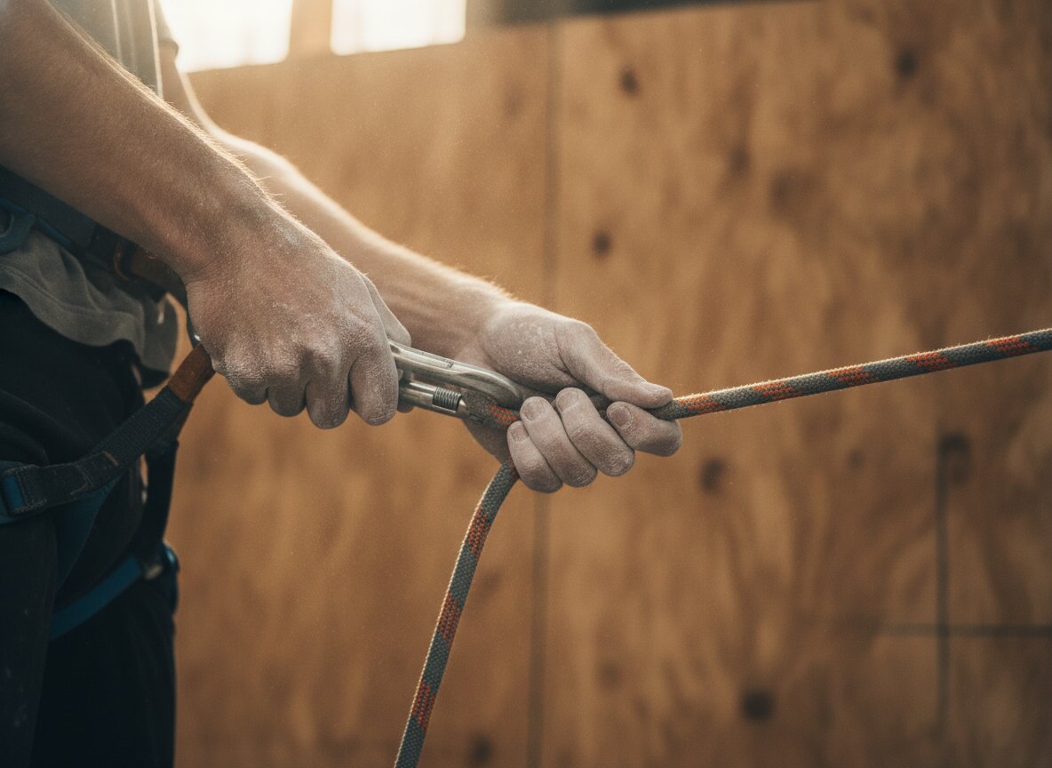 A belayer's chalked hands on the rope and belay device