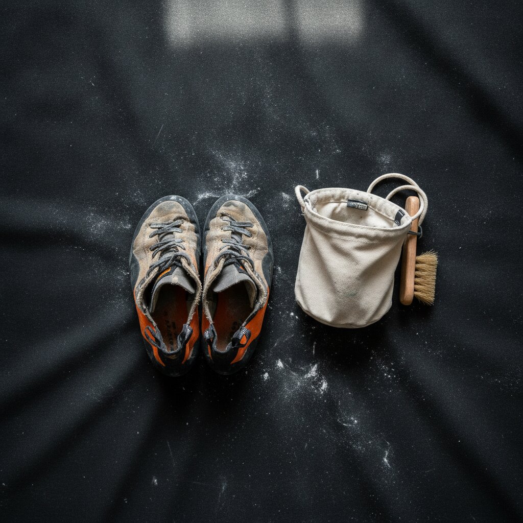 A pair of climbing shoes and a chalk bag on a crash mat, seen from above