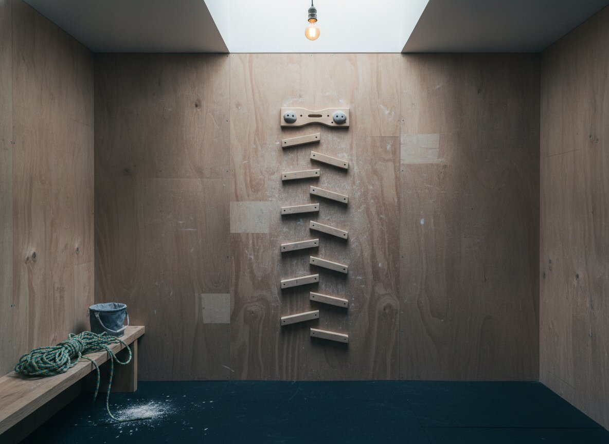 Hangboard and campus board mounted on a plywood wall in the training room