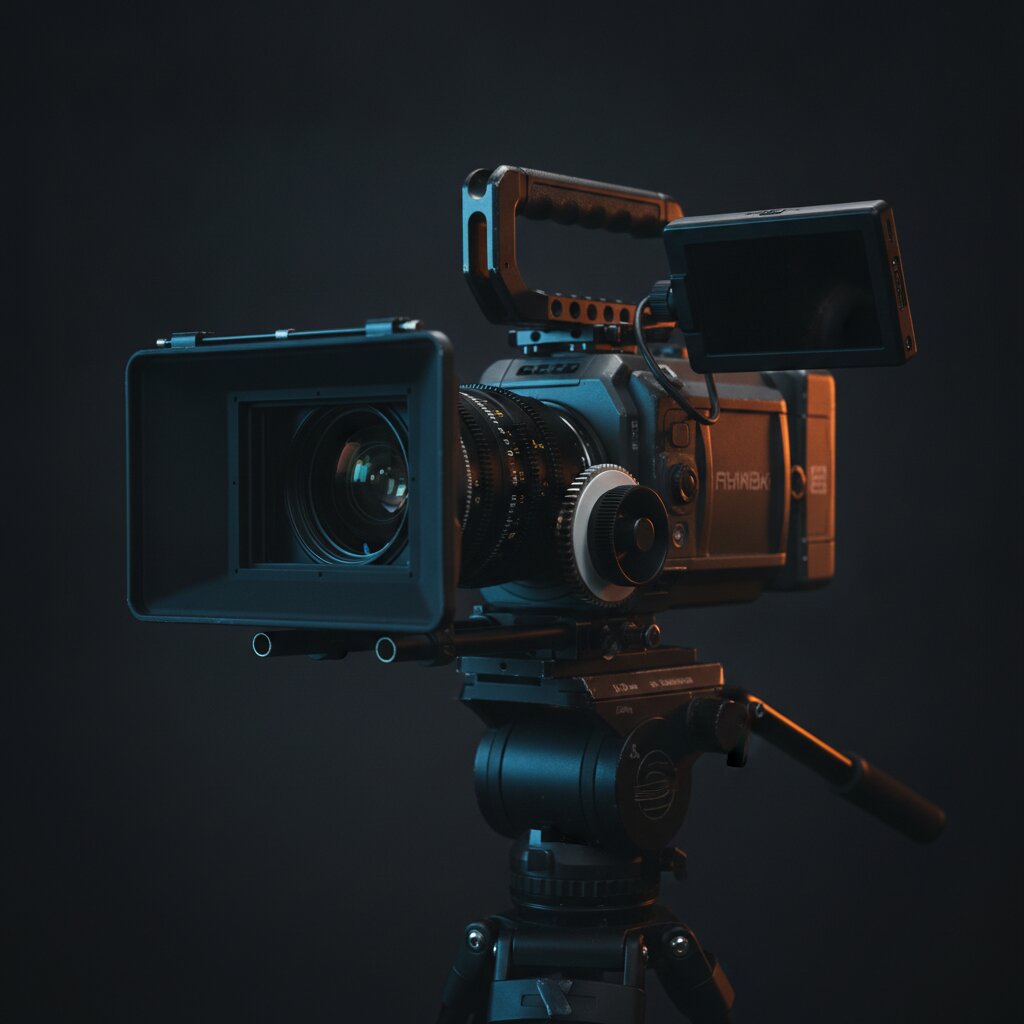 A cinema camera rig on a tripod, close, with shallow focus