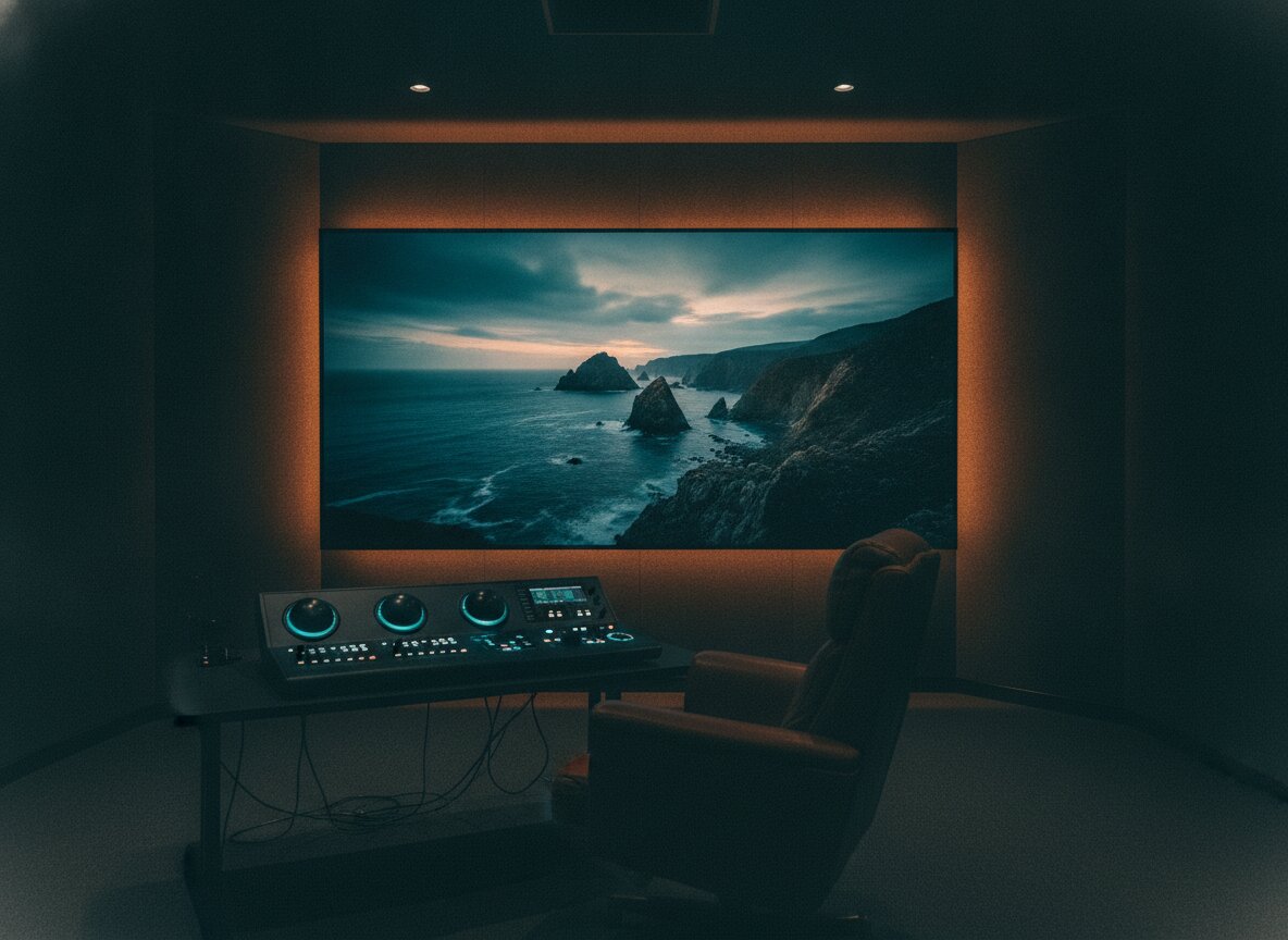 A dim color suite with a landscape on the reference monitor