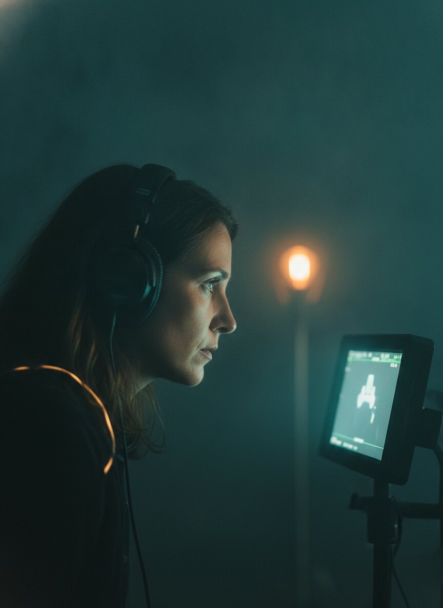A director in headphones watching a monitor, lit by its glow