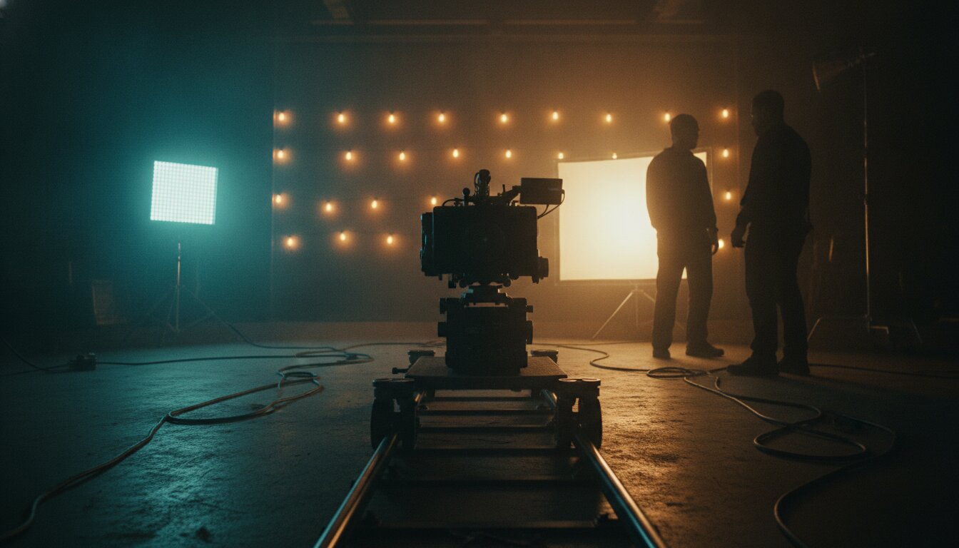 A cinema camera on a dolly with crew silhouettes and practical lights