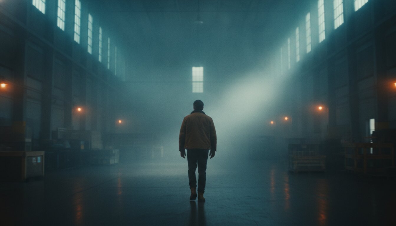 A lone figure walking through a fog-lit warehouse, teal and amber