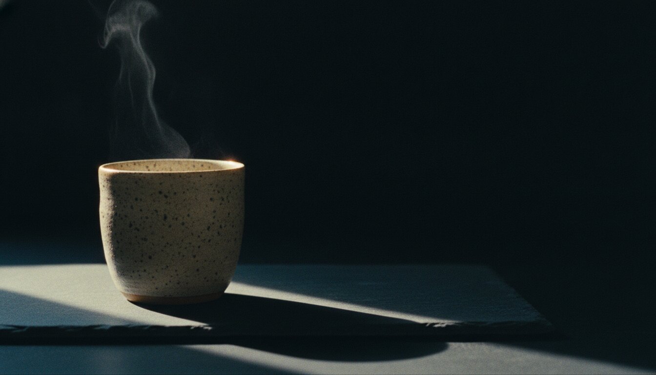 A ceramic cup on a dark surface lit by a single beam of light