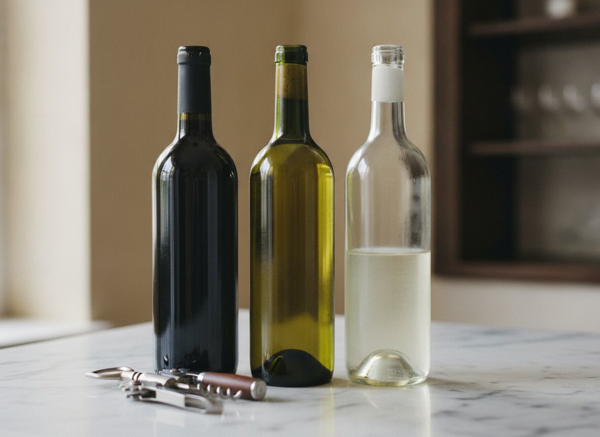 Three wine bottles on the marble counter with a corkscrew, labels turned away