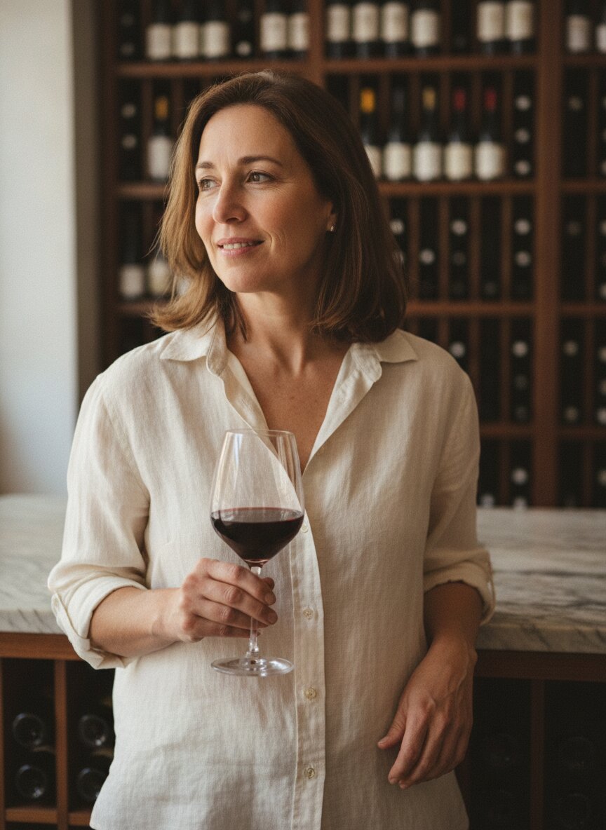 Ines Marchetti in a linen shirt, holding a glass of red wine
