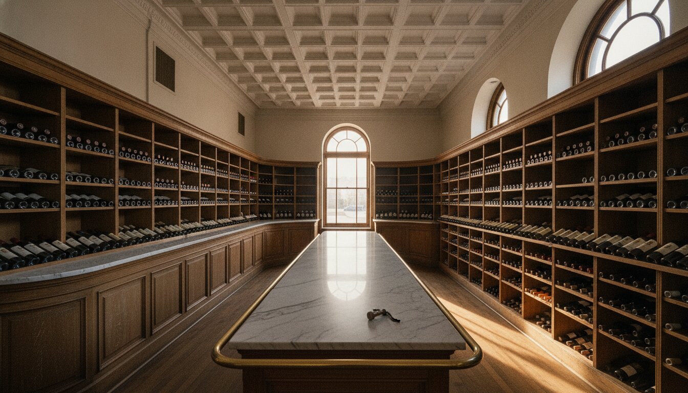 Tall wooden wine shelves along the former teller line, with the marble counter in front