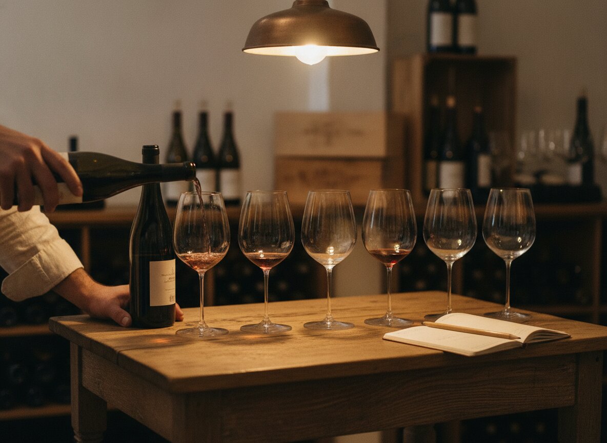 Glasses being poured at the tasting table, hands and bottles only