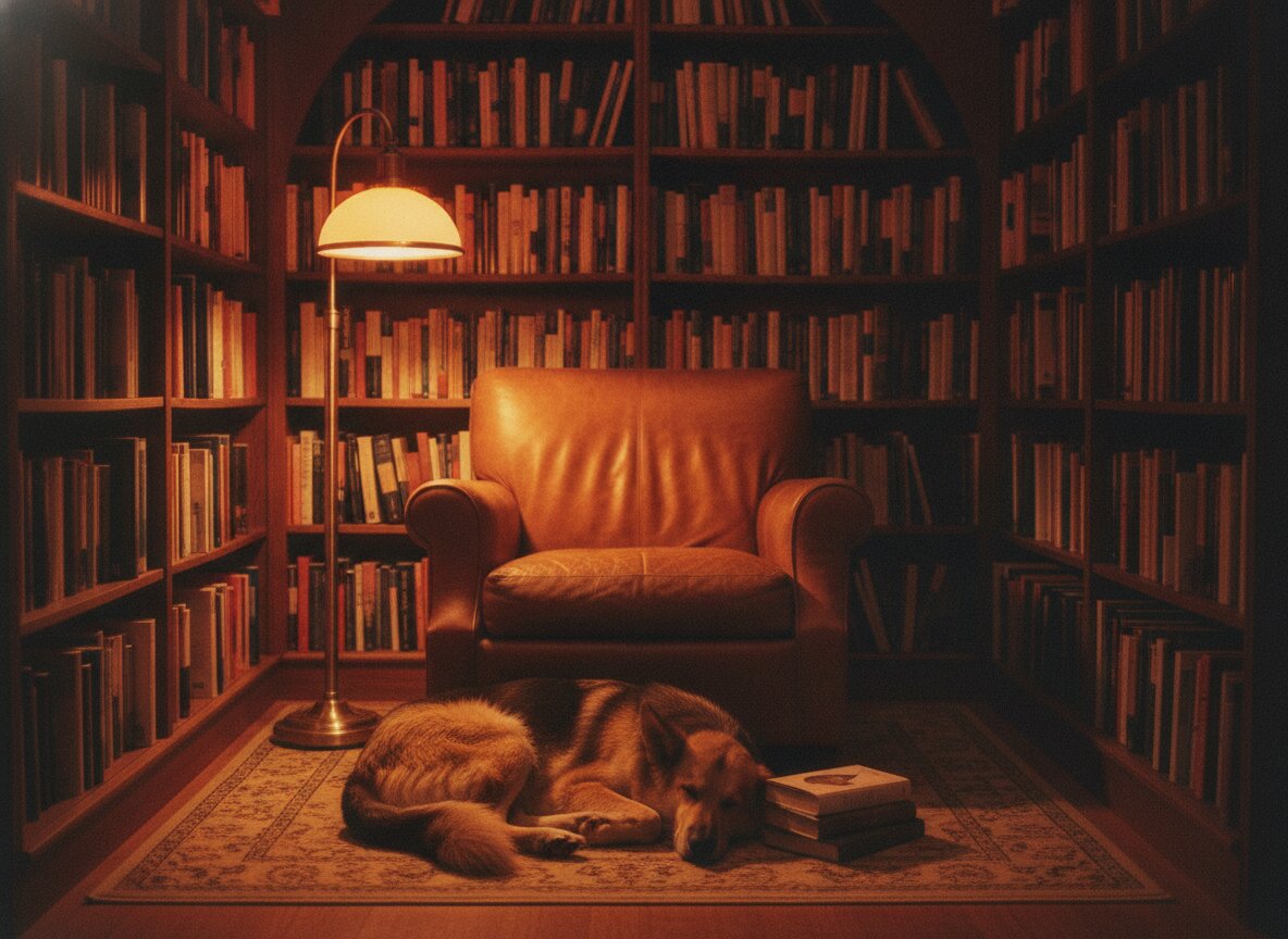 The reading nook: an armchair between the stacks, a lamp, a sleeping dog
