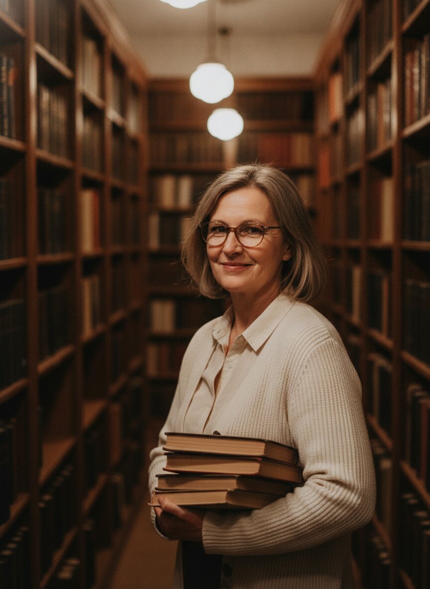 Ruth Ellery holding a stack of books between the shelves