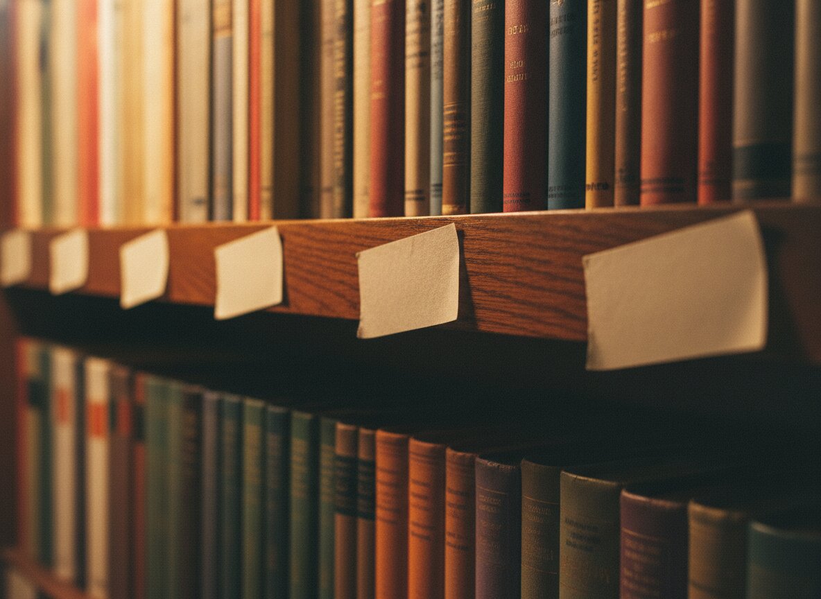 A shelf edge with staff pick cards taped beneath the books