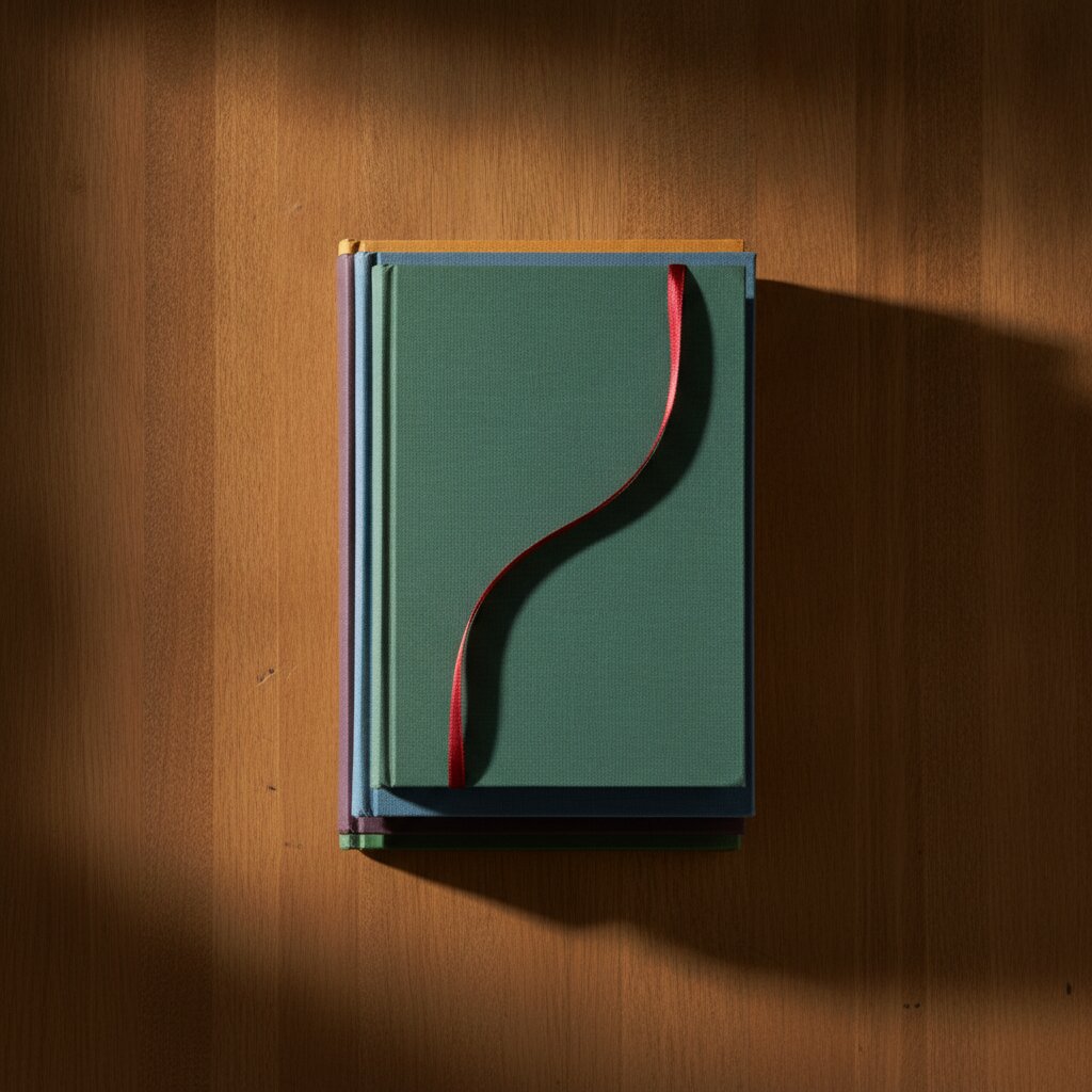 A stack of hardcovers with a red ribbon bookmark trailing out