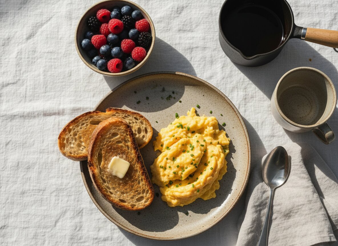 Eggs, bread, and coffee on linen