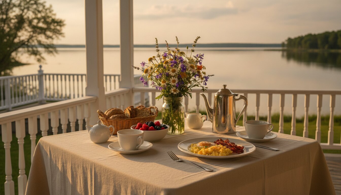 Breakfast table set on the porch in morning light