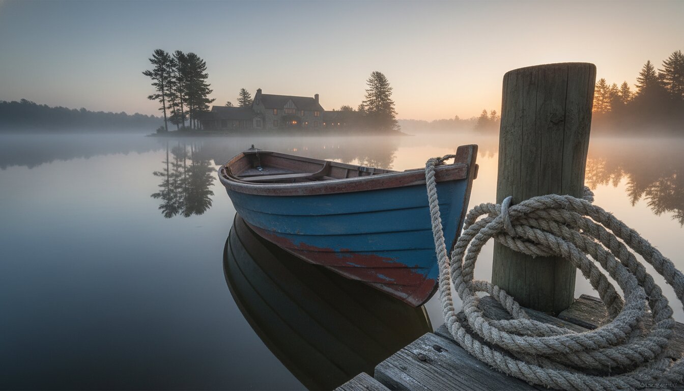 The rowboat tied at the inn's small dock