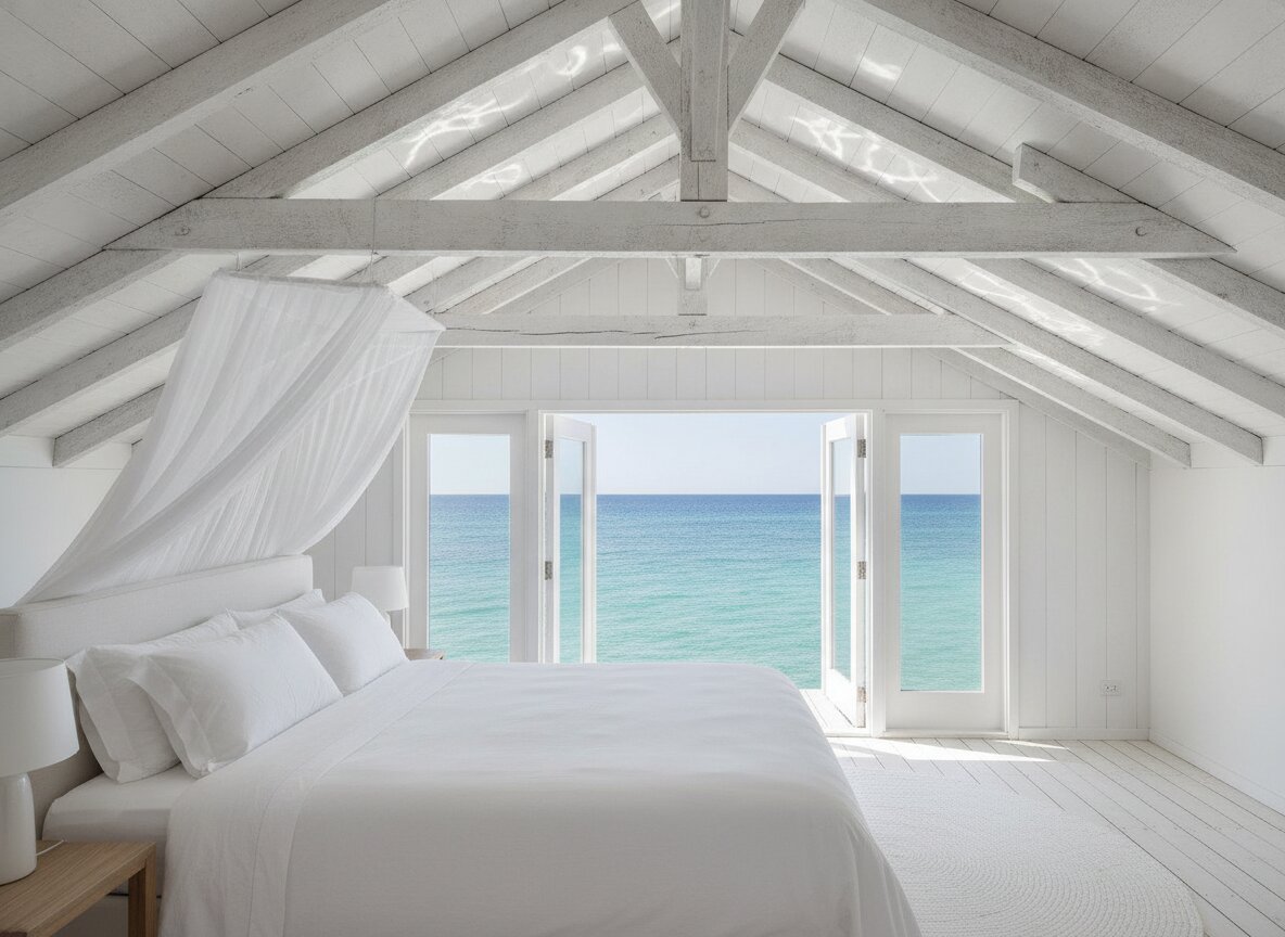 The Boathouse — whitewashed beams over a bed, water visible through wide doors