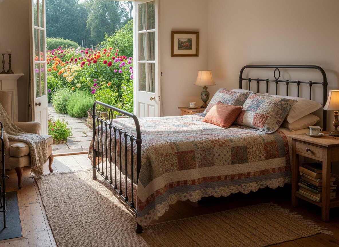 The Garden Room — iron bed beside doors opening to the garden