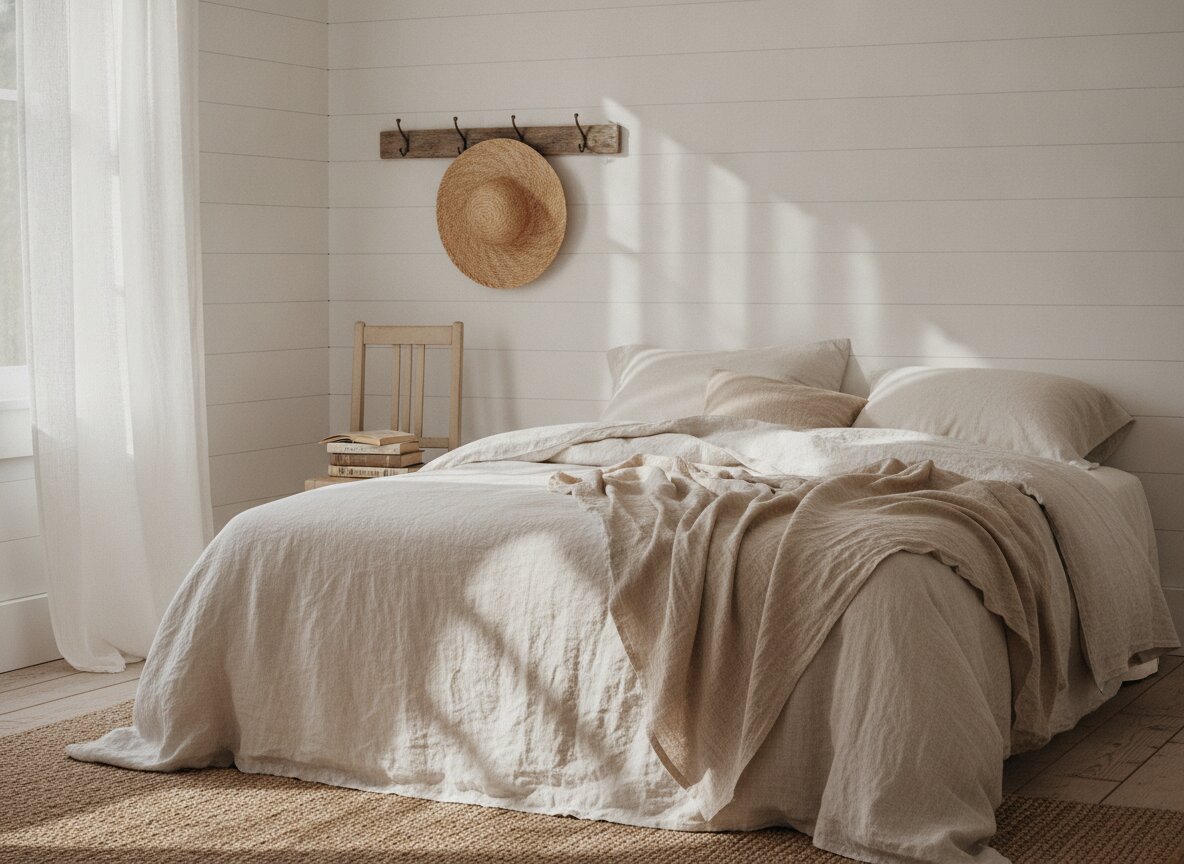 A calm white bedroom, linen bedding, straw hat on a hook