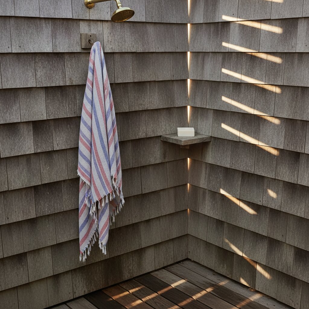 The outdoor shower with a towel on the hook and sunlight through the slats