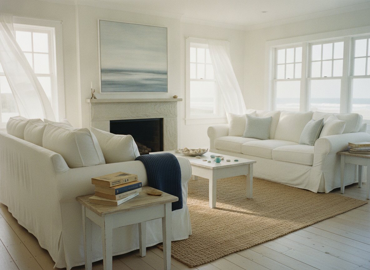 The living room, slipcovered sofas and beach books in sea light