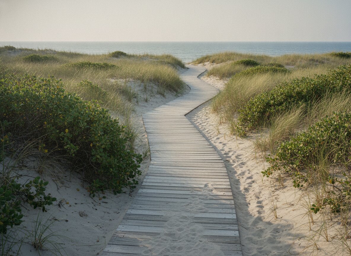 The sandy boardwalk path through the dunes to the water