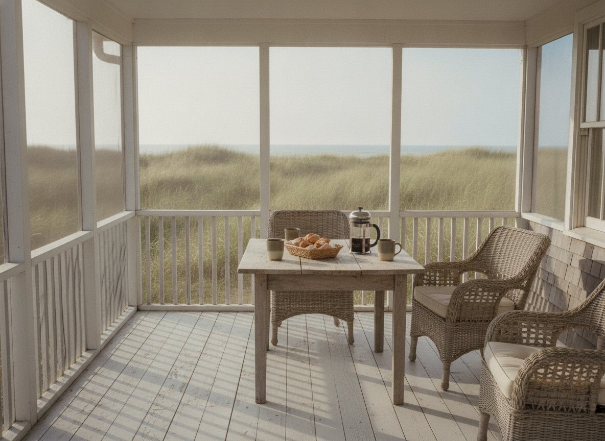 The screened porch set for breakfast, dunes beyond
