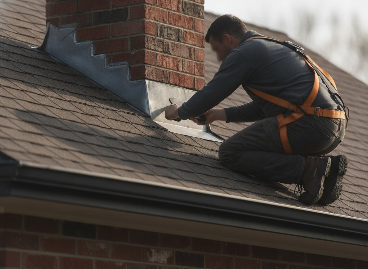 An Eave roofer kneeling on a roof slope, photographing a section of flashing with a phone