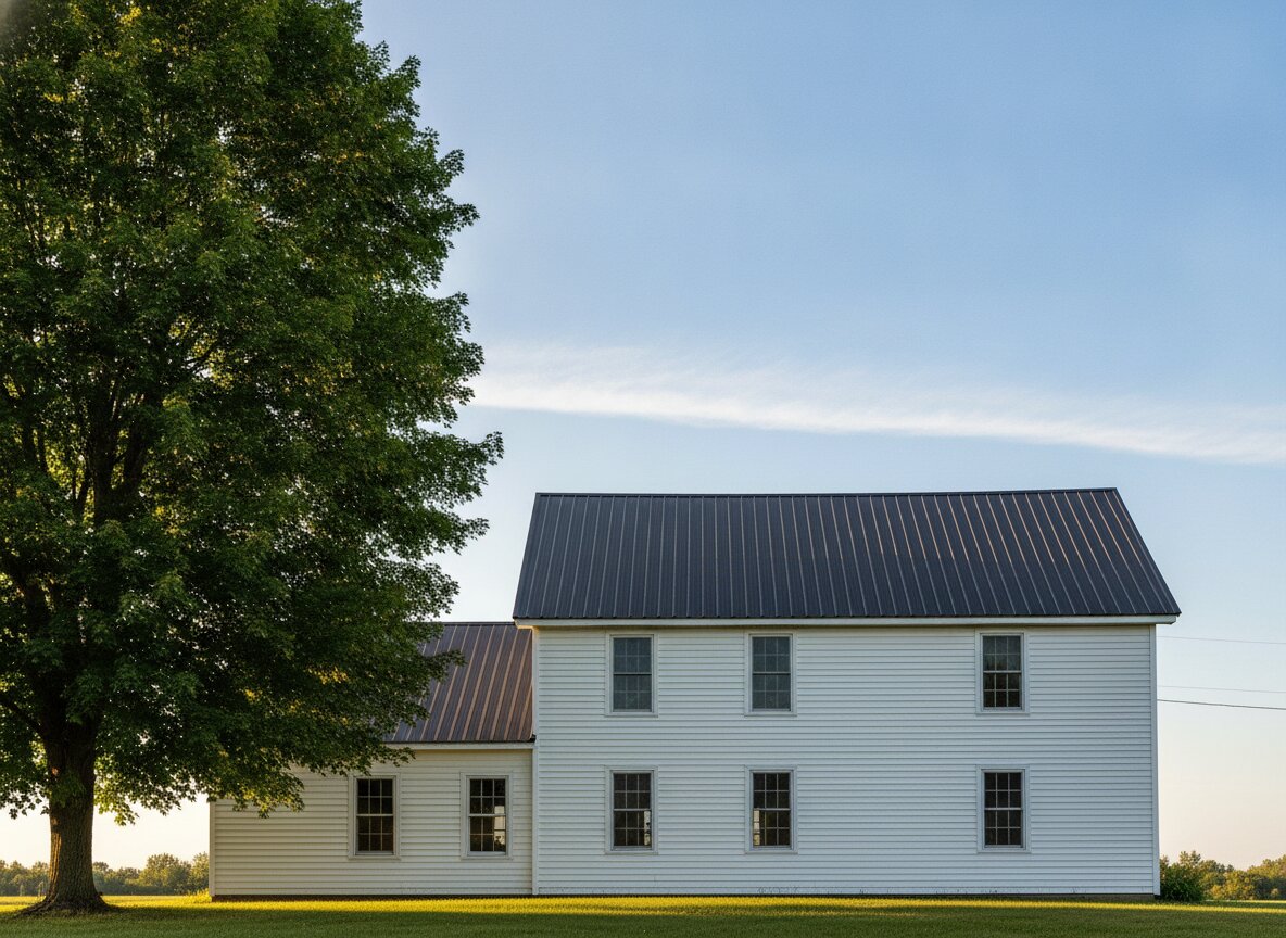 Standing-seam metal roof on a white farmhouse under a clear blue sky