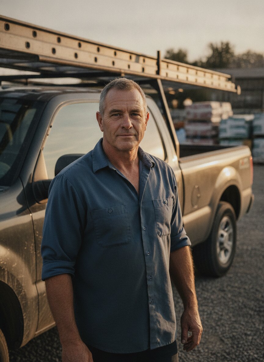 Dan Brannock, owner of Eave, in a work shirt in the yard at the shop
