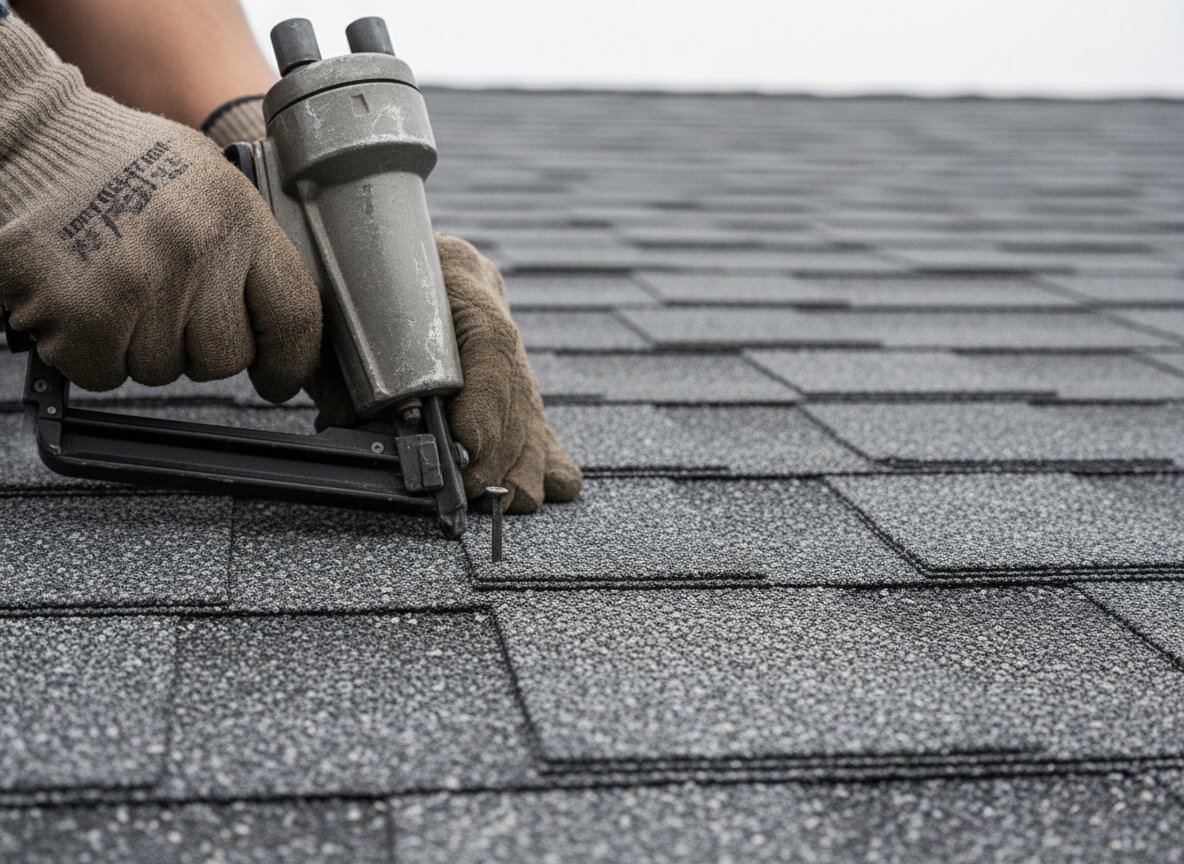 Close-up of new architectural shingles being nailed, a roofer's hands and nail gun