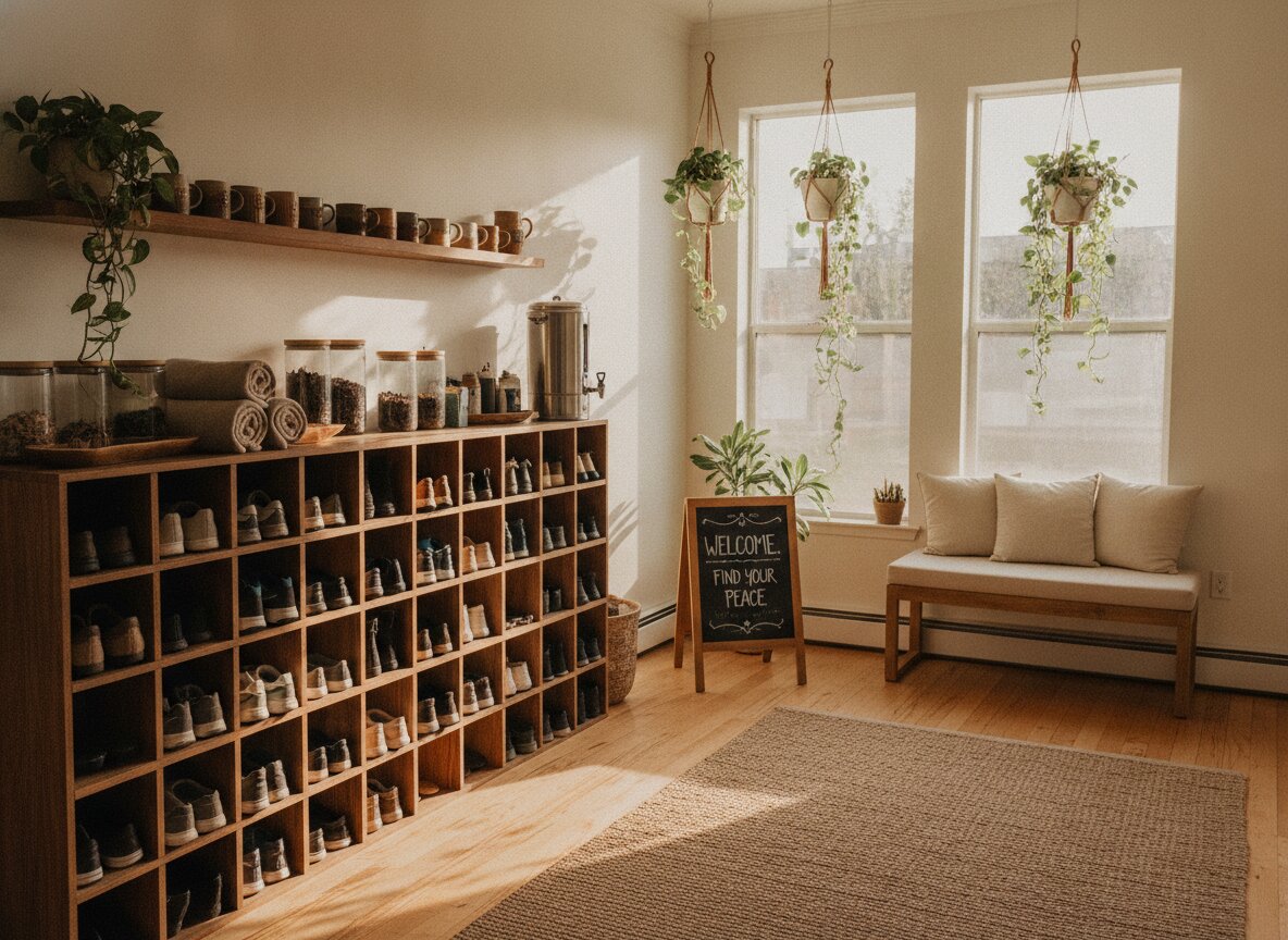 The entry — cubbies, tea station, warm light