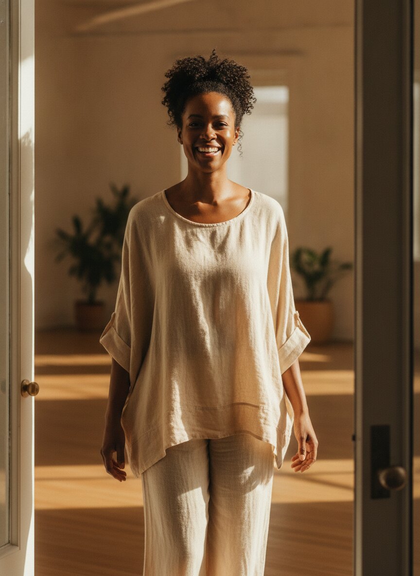 Imani, smiling in the studio doorway