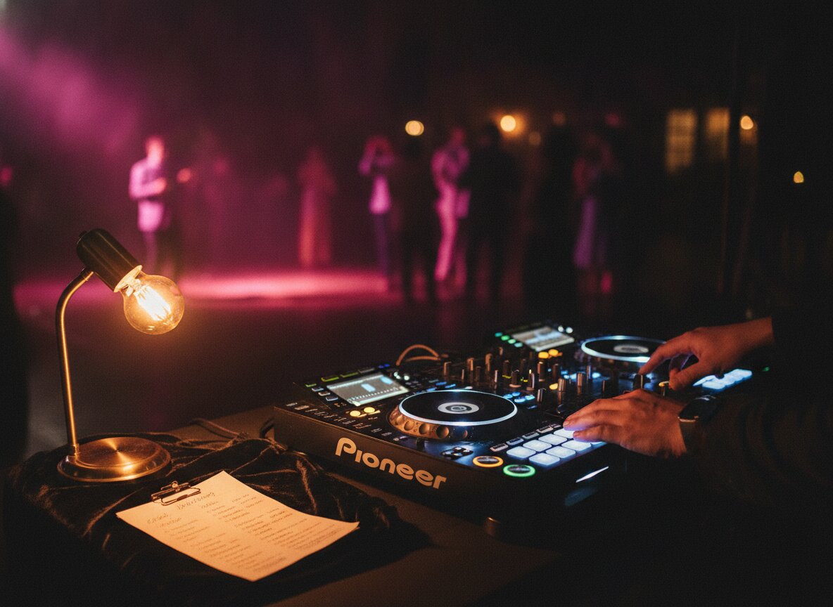 Theo Lindqvist's hands on the faders of a DJ controller beside a small lamp