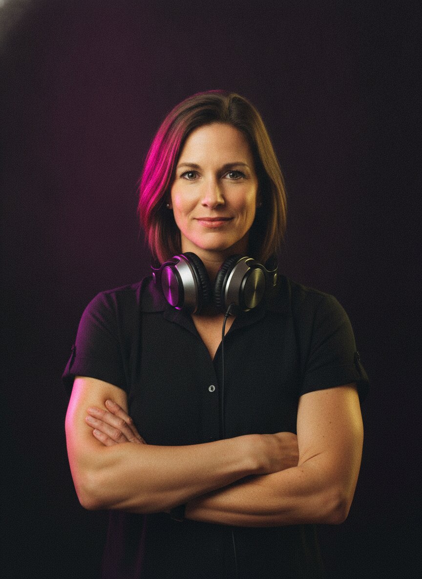 Nadia Okafor with headphones around her neck against a dark backdrop