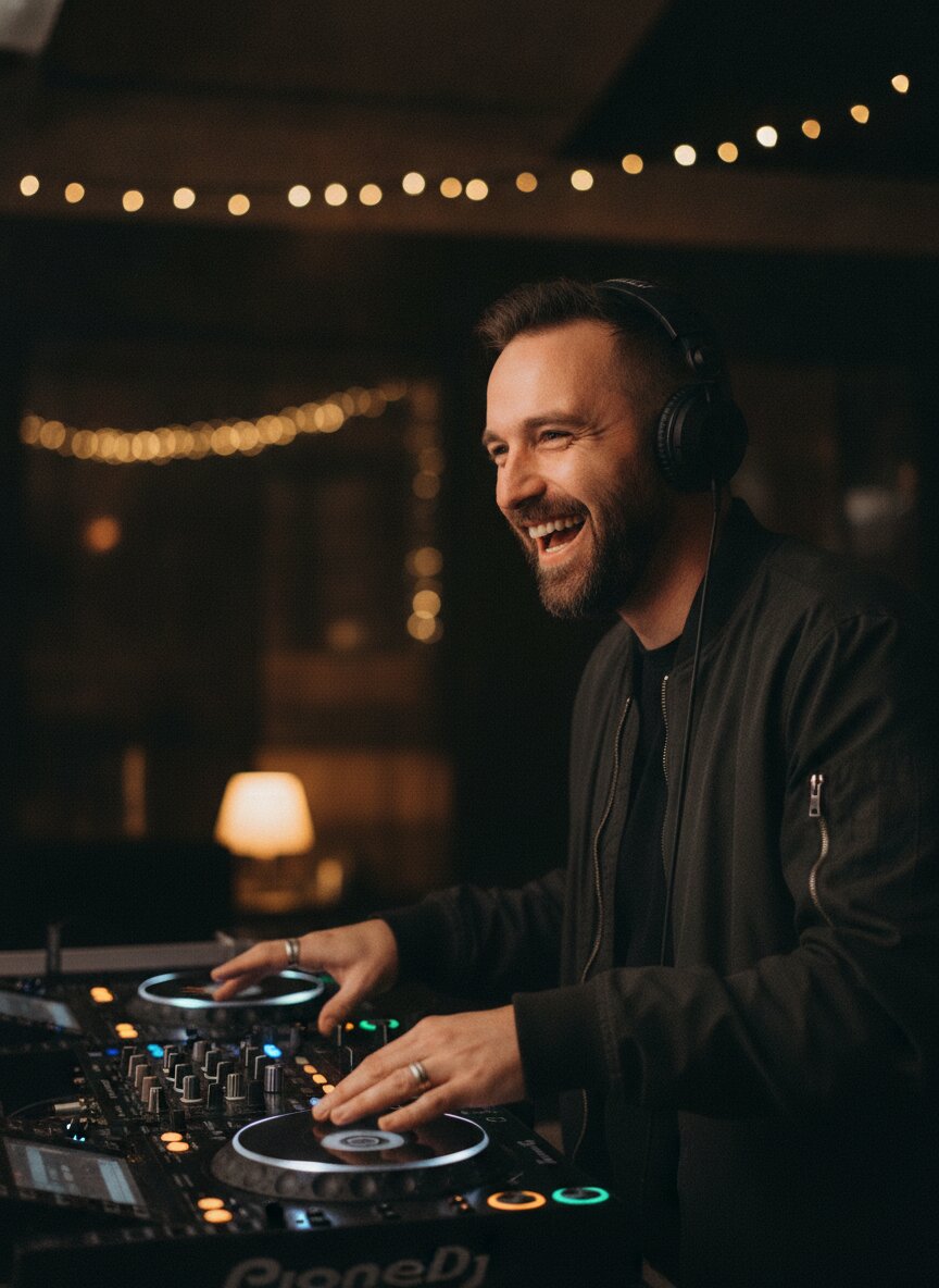 Marcus Bell mid-laugh at a DJ controller