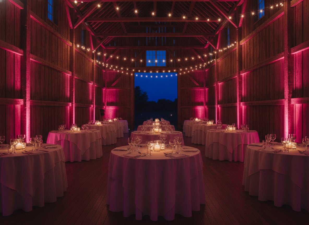 A barn reception at dusk with the walls uplit in magenta and string lights across the rafters