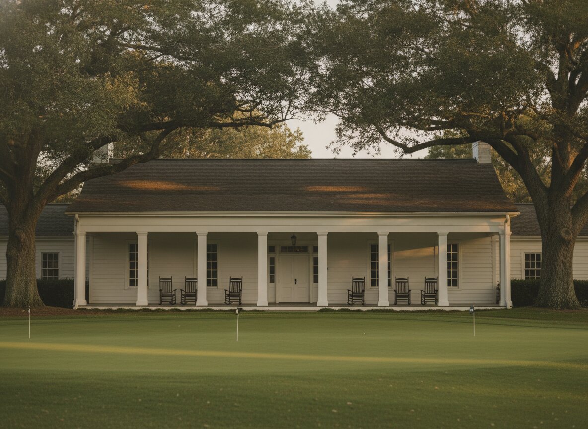 The Fescue clubhouse, white clapboard with a wide porch, in golden-hour light