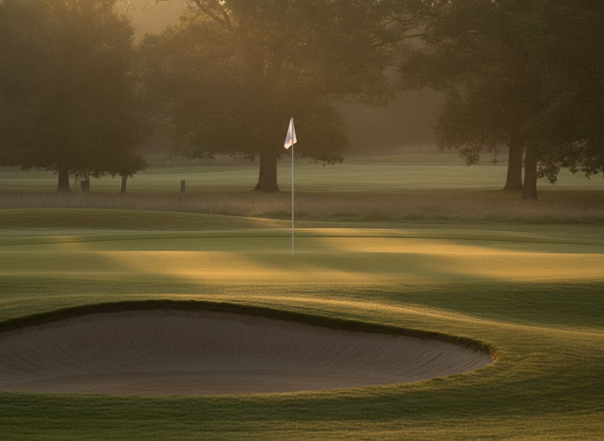 The eleventh green at Fescue, flagstick and bunker in low sun