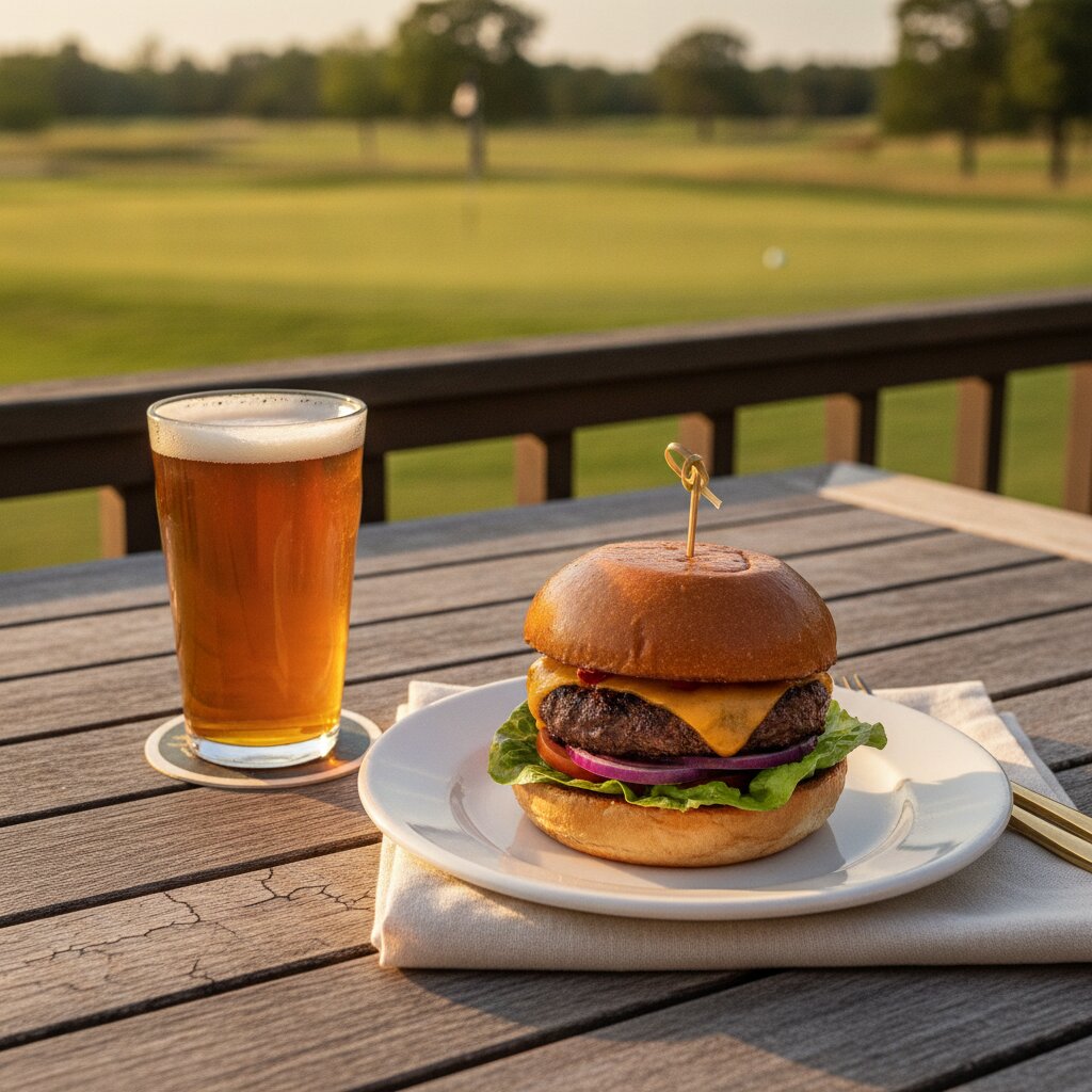 A burger and a beer on the grill patio, the eighteenth green beyond