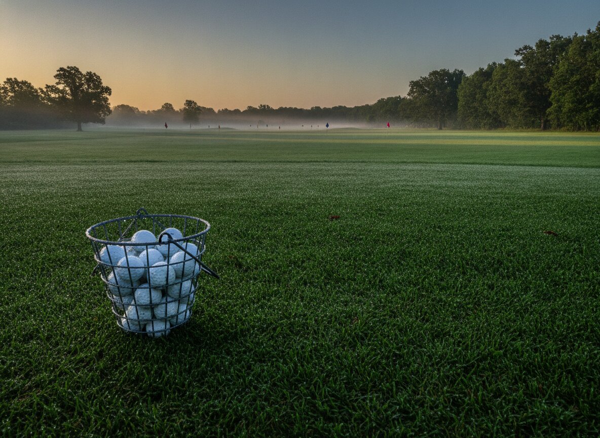 The practice range at Fescue in the morning, a basket of balls in the foreground