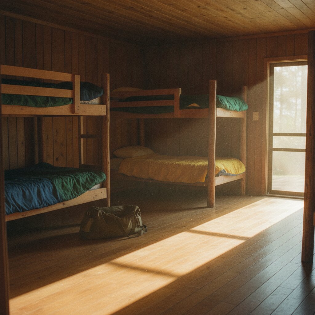 Cabin bunks with sleeping bags in morning light