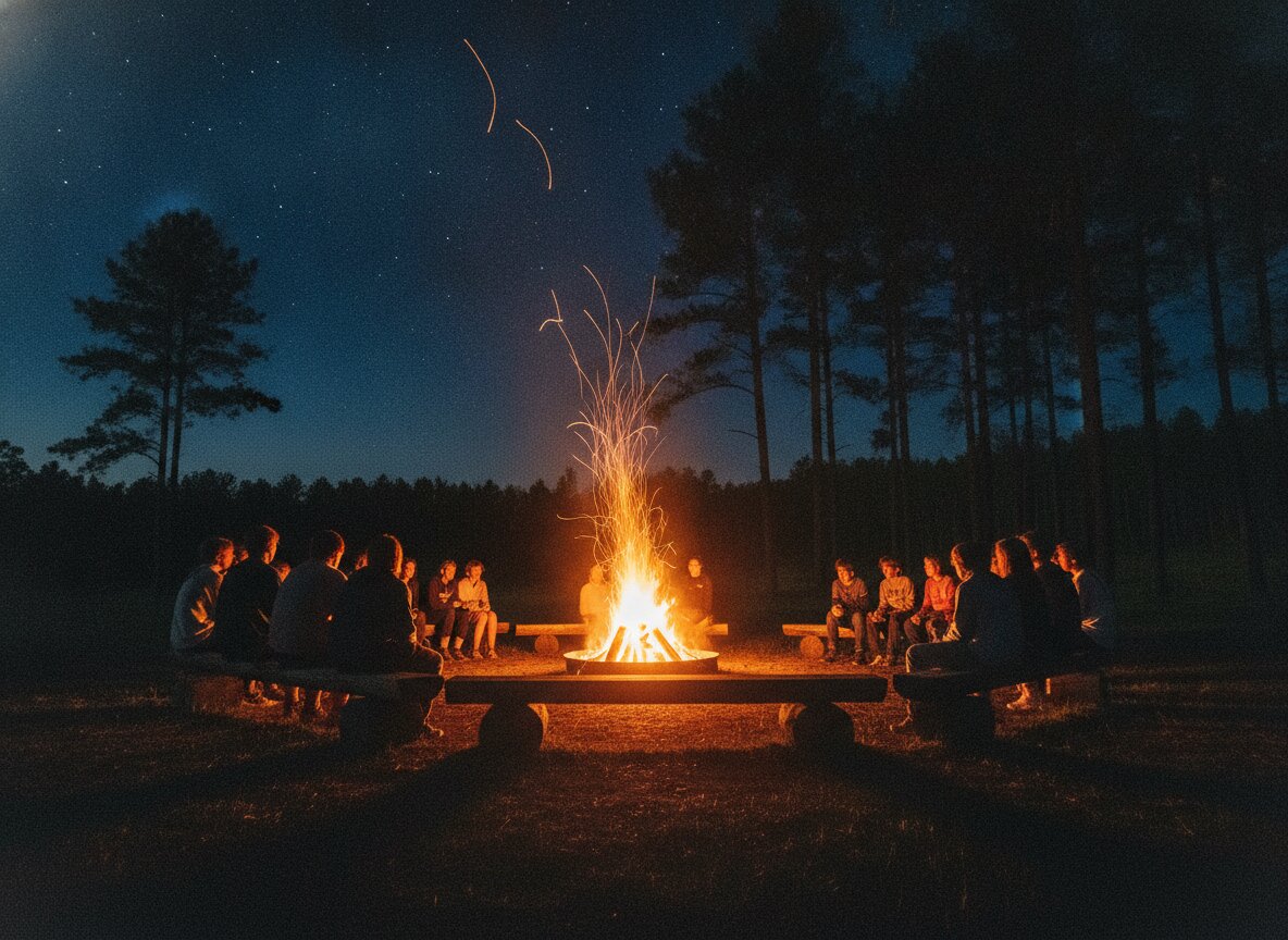 Silhouettes around a campfire, sparks rising