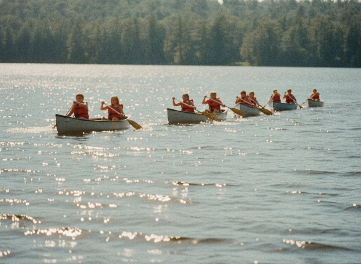 Campers paddling canoes